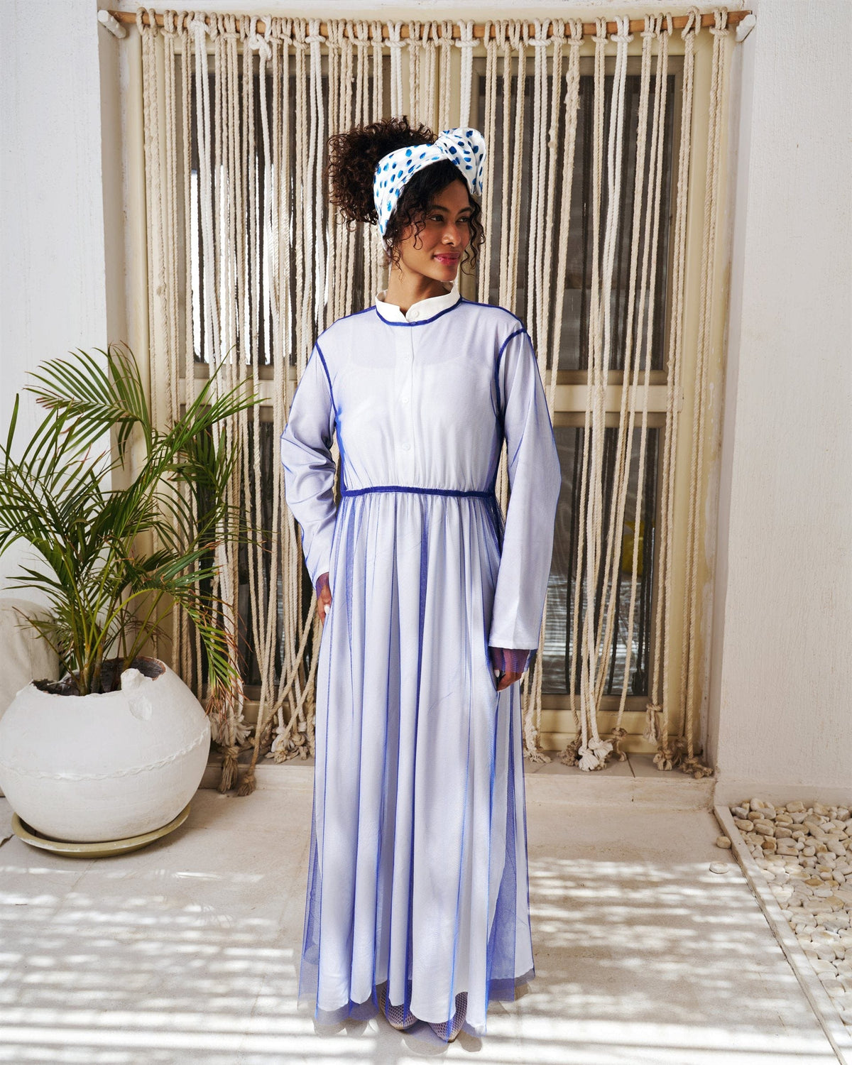 Illusion long sleeve dress in blue with chiffon overlay