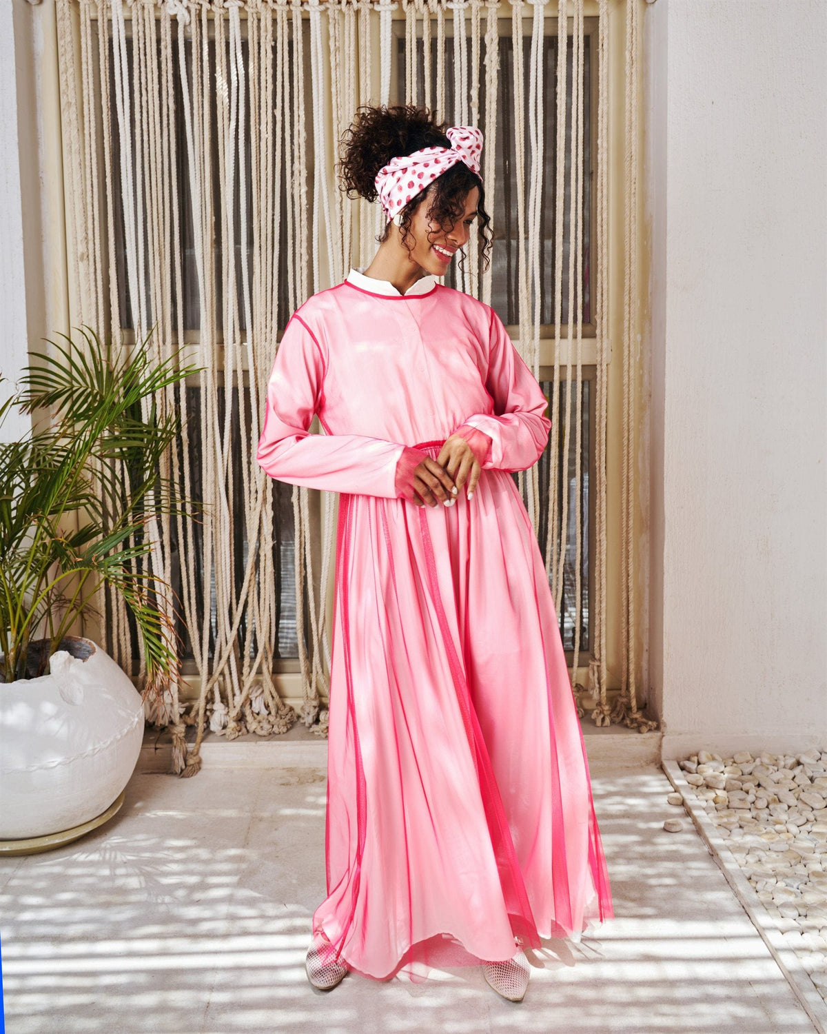 Illusion long sleeve dress in pink with chiffon overlay