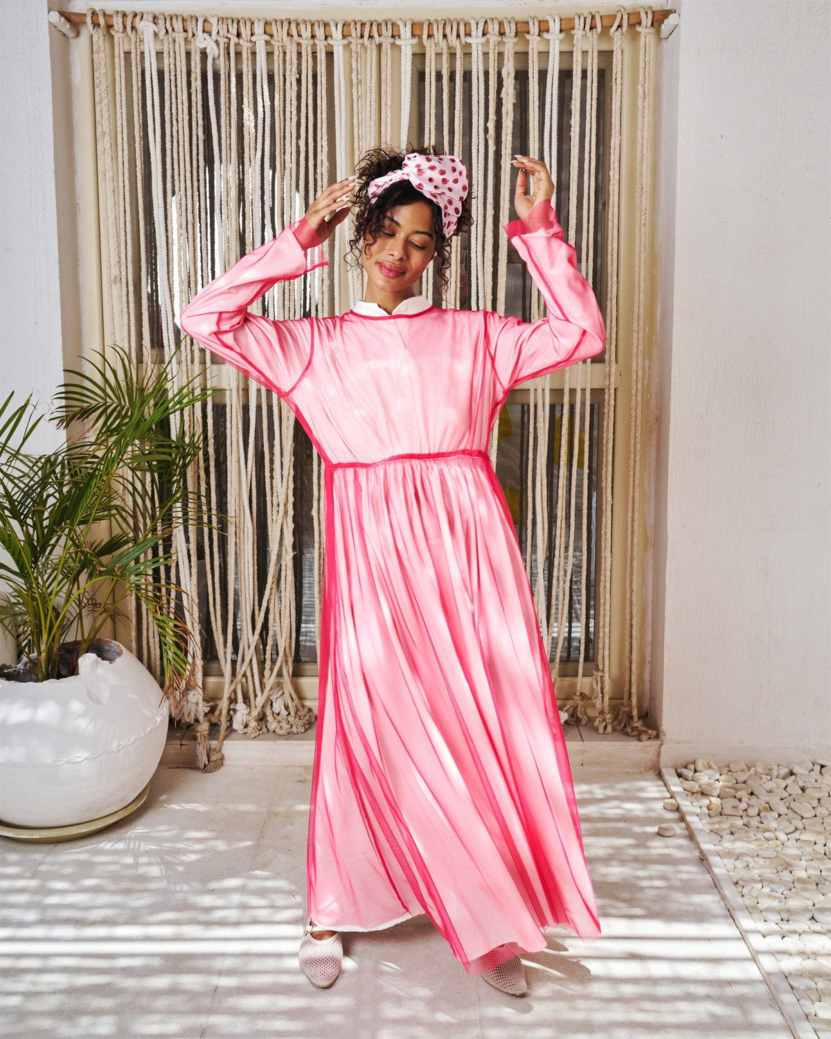 Illusion long sleeve dress in pink with chiffon overlay