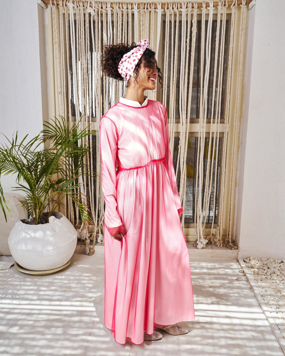 Illusion long sleeve dress in pink with chiffon overlay