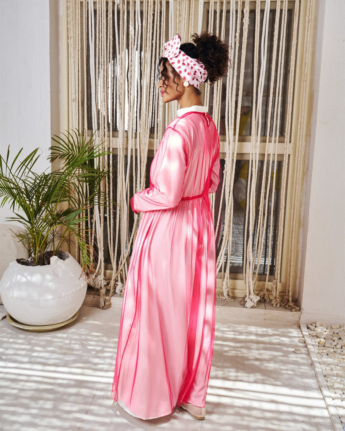 Illusion long sleeve dress in pink with chiffon overlay