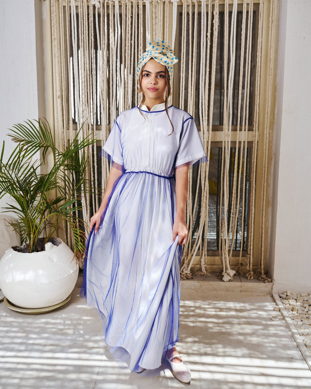 Illusion short sleeve dress in blue with chiffon overlay