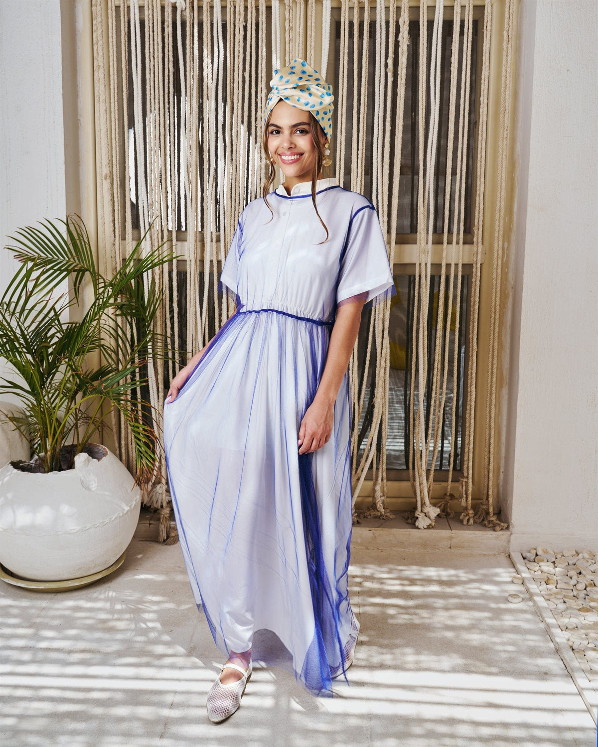 Illusion short sleeve dress in blue with chiffon overlay