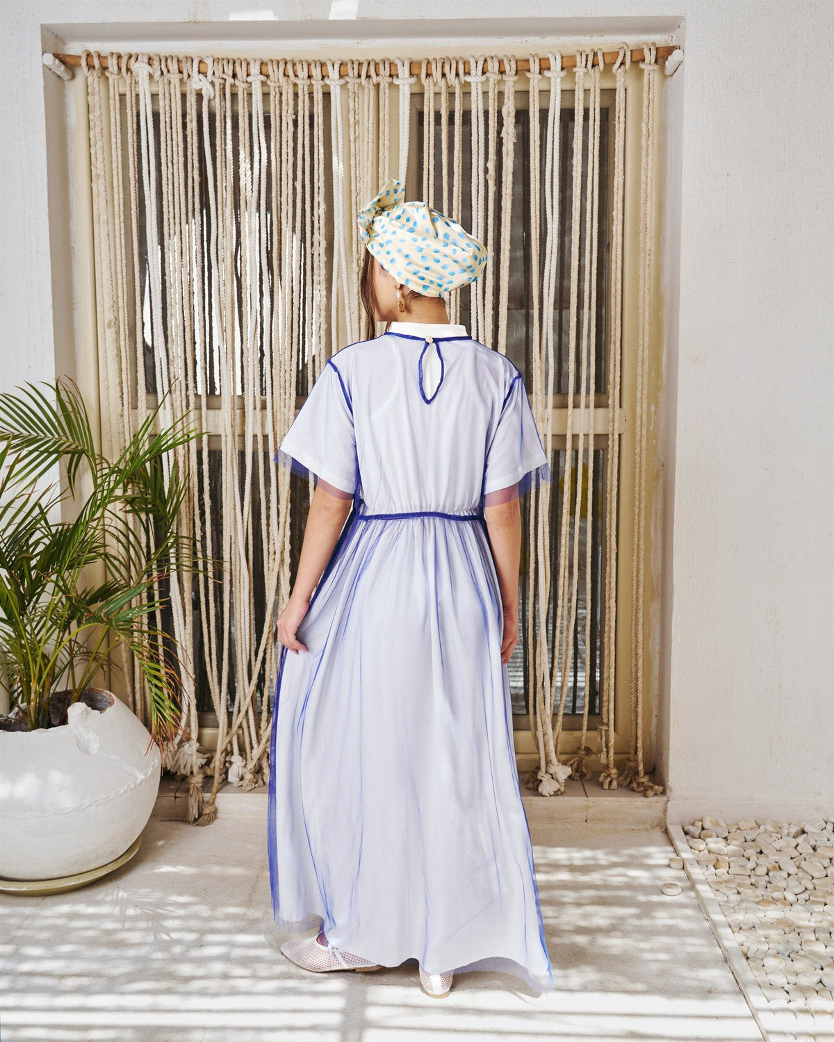 Illusion short sleeve dress in blue with chiffon overlay