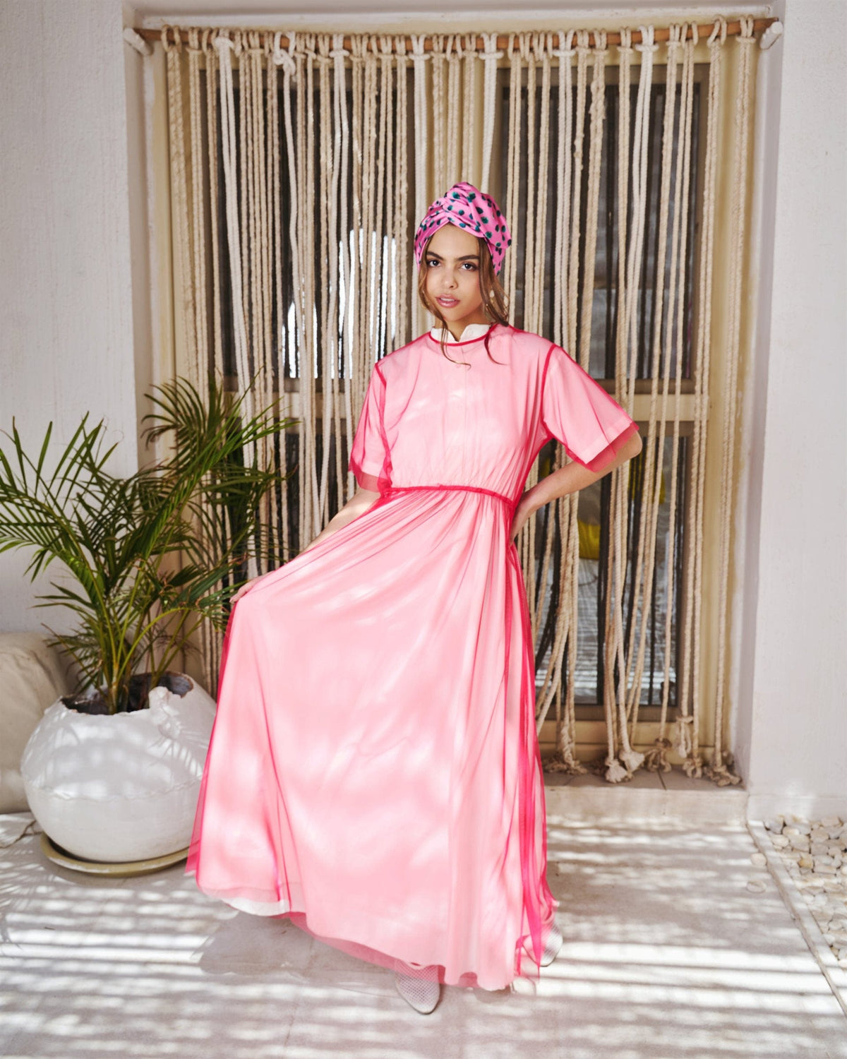 Illusion short sleeve dress in pink with chiffon overlay