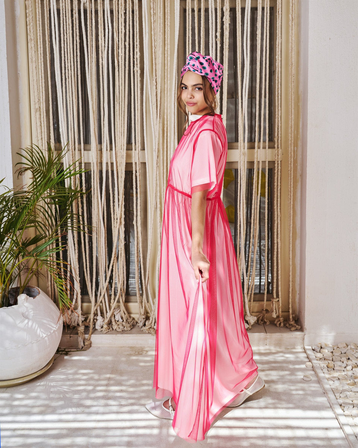 Illusion short sleeve dress in pink with chiffon overlay