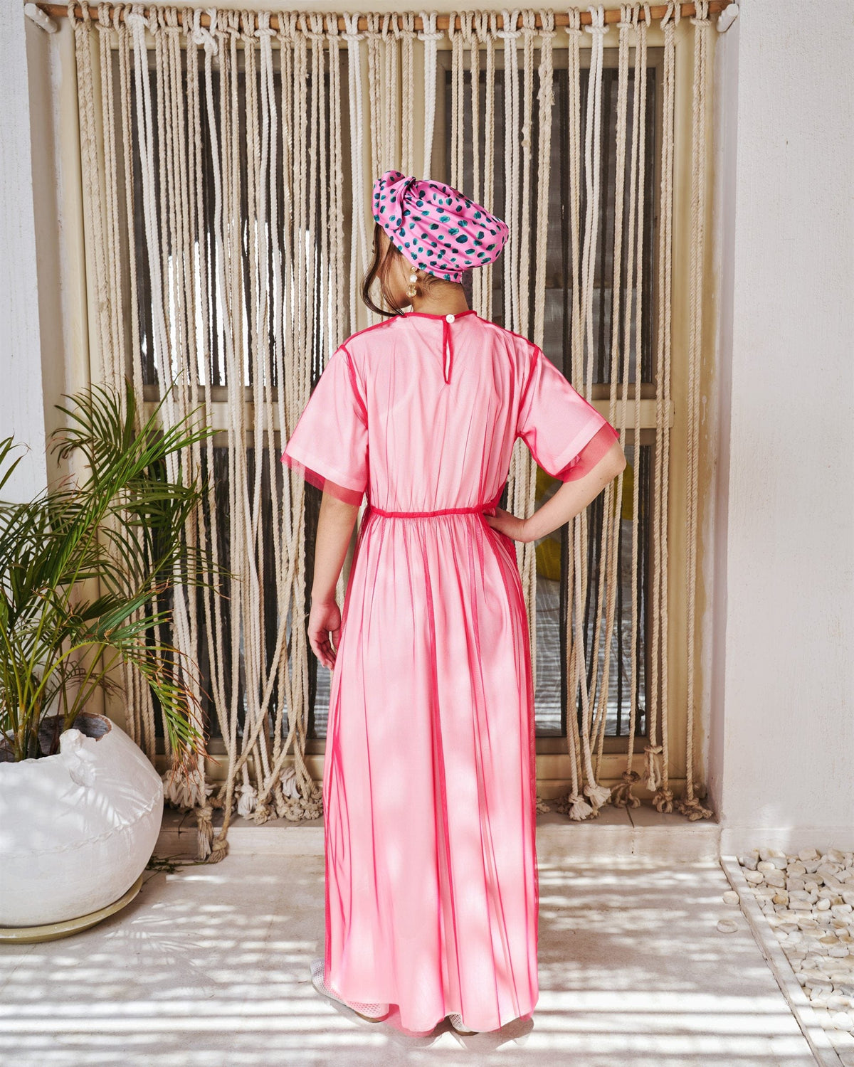 Illusion short sleeve dress in pink with chiffon overlay