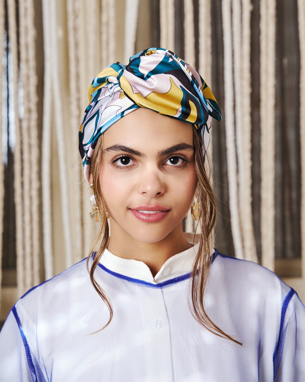 Flora Rappit — satin turban in blue, sage, lilac and soft gold