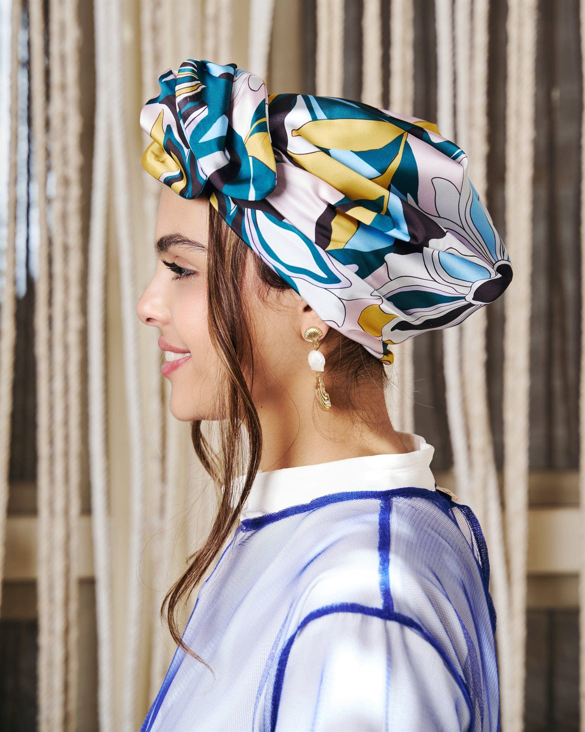 Flora Rappit — satin turban in blue, sage, lilac and soft gold
