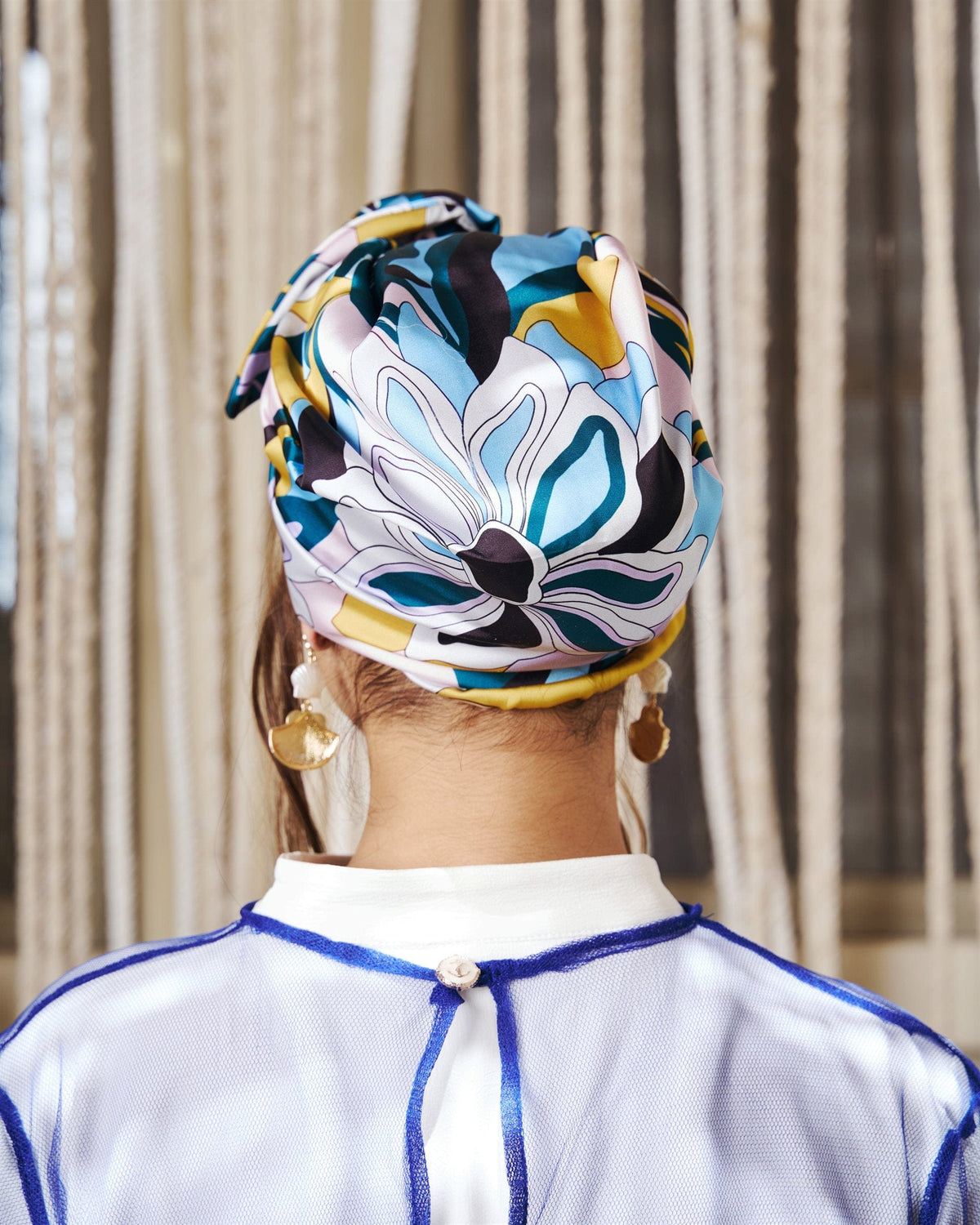 Flora Rappit — satin turban in blue, sage, lilac and soft gold