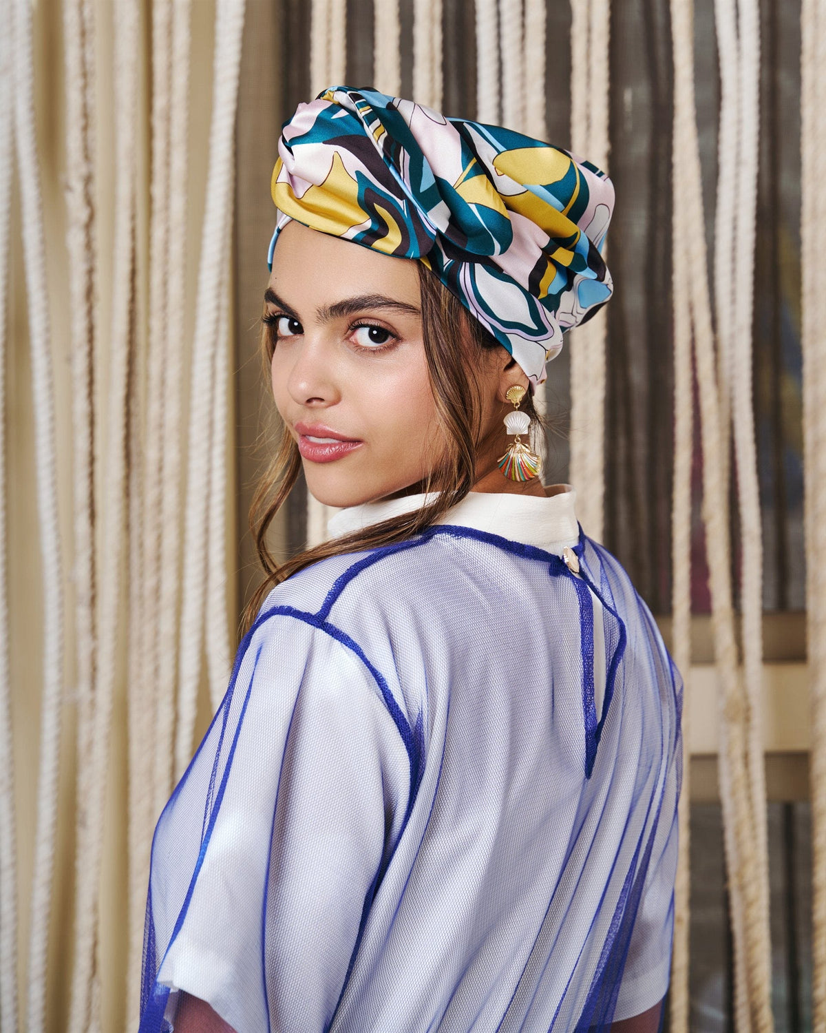Flora Rappit — satin turban in blue, sage, lilac and soft gold