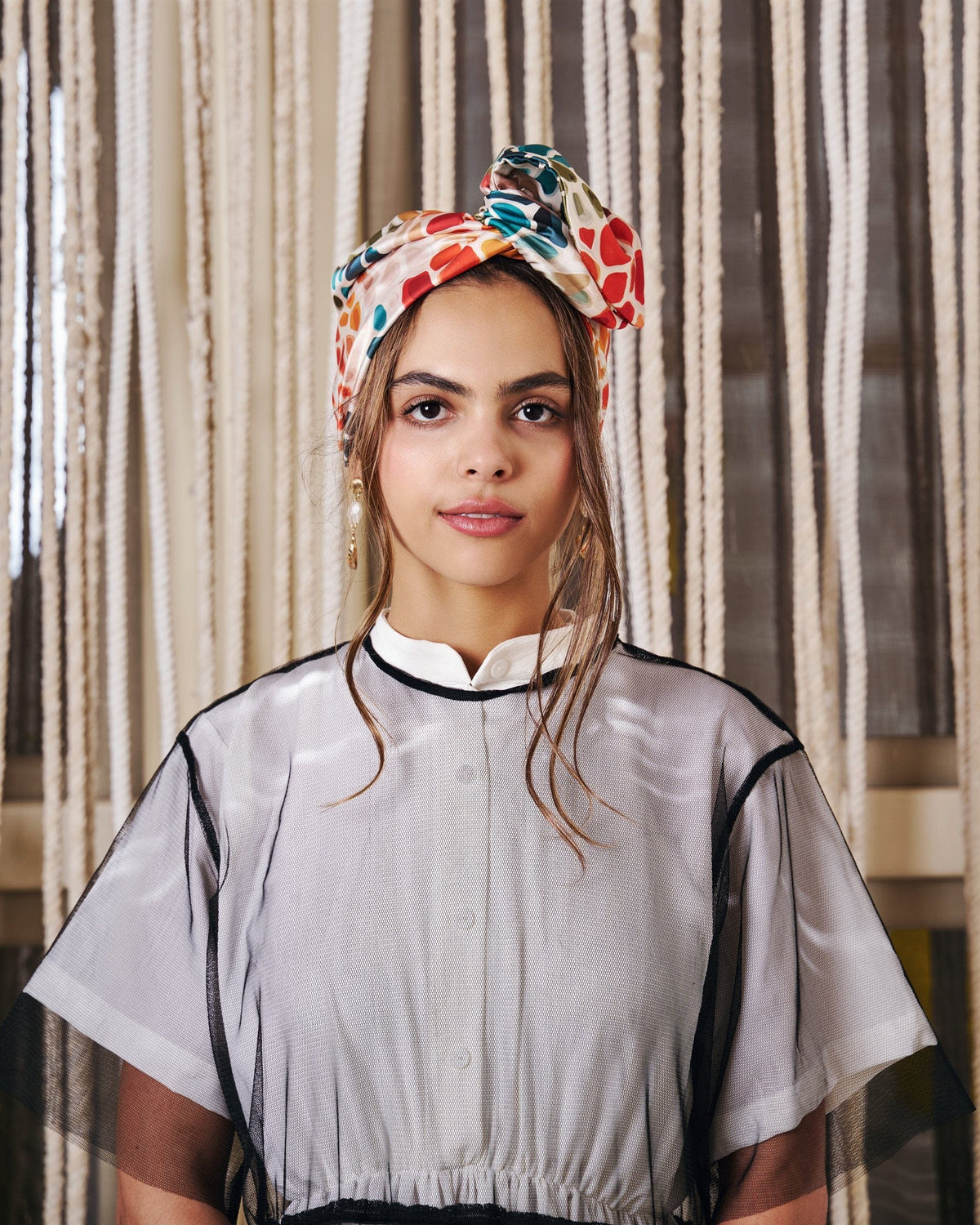 Mosaic Rappit — satin turban in terracotta, amber, crimson and turquoise