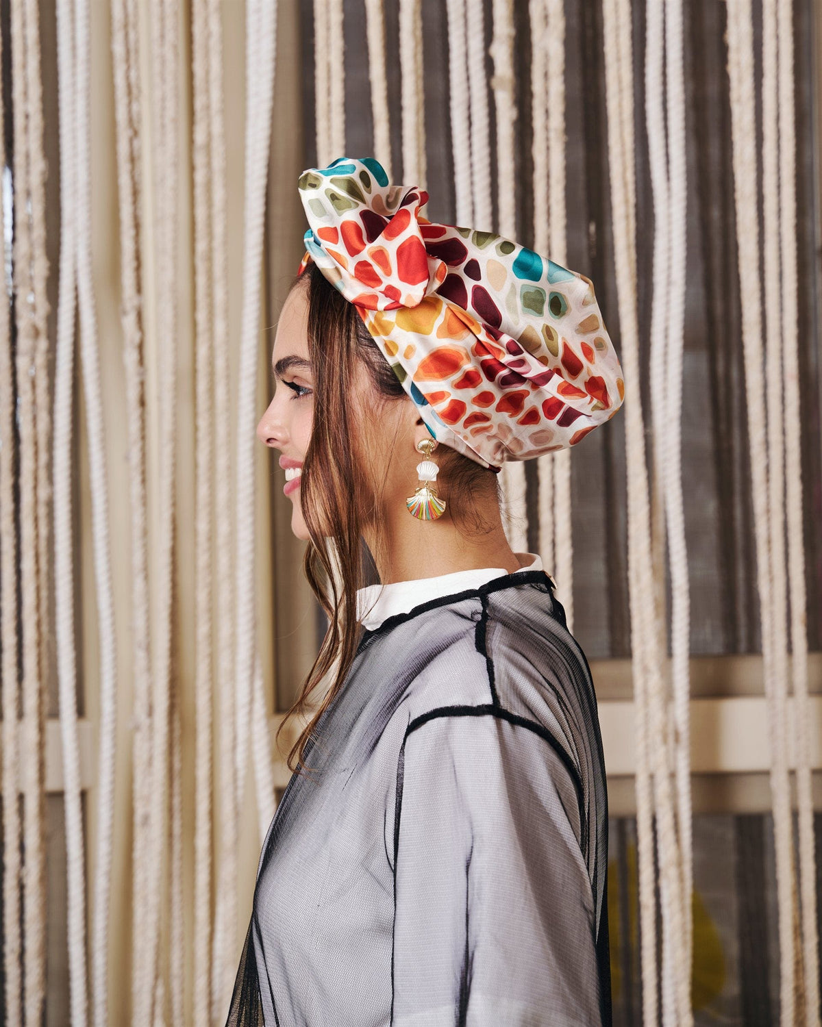 Mosaic Rappit — satin turban in terracotta, amber, crimson and turquoise