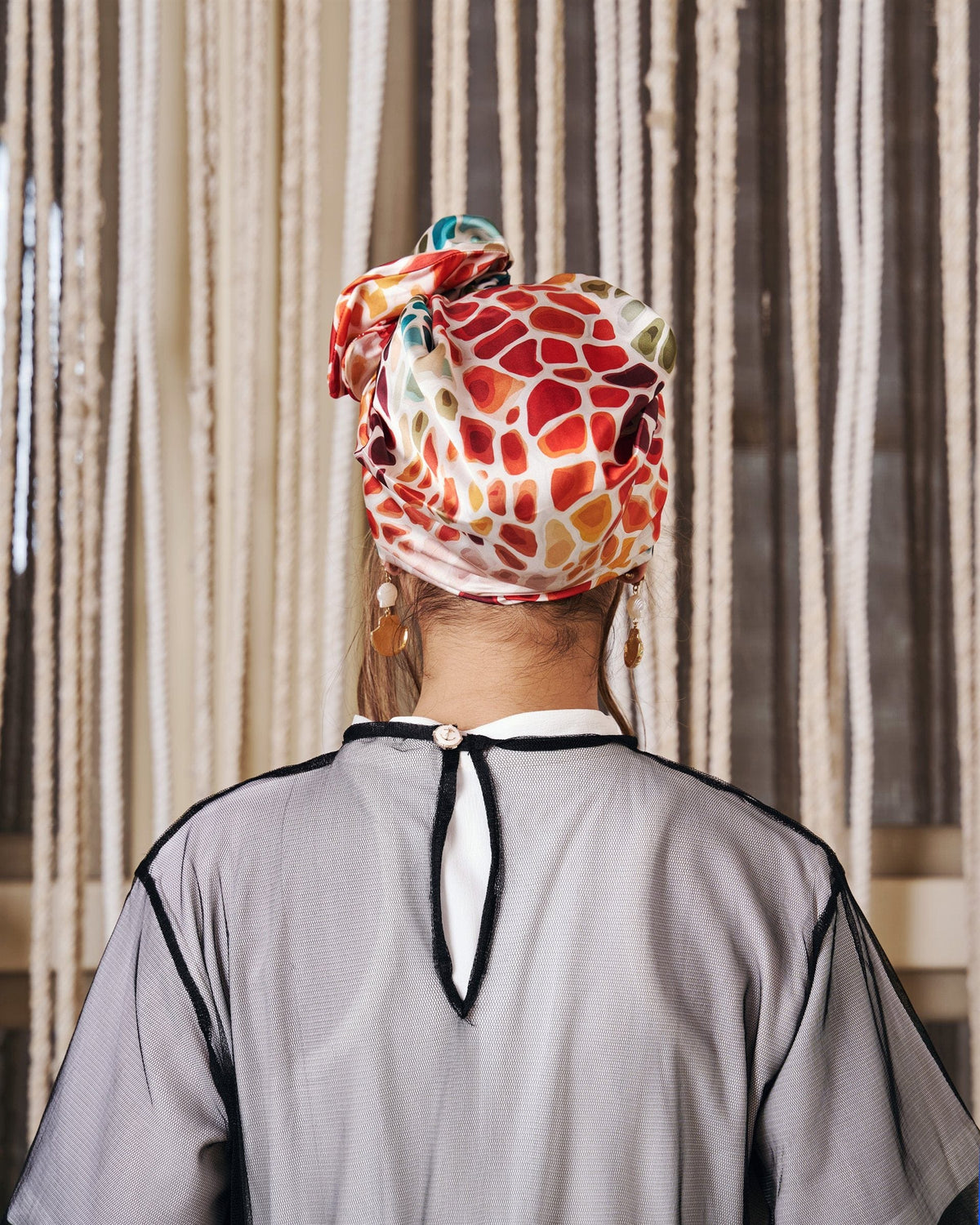 Mosaic Rappit — satin turban in terracotta, amber, crimson and turquoise