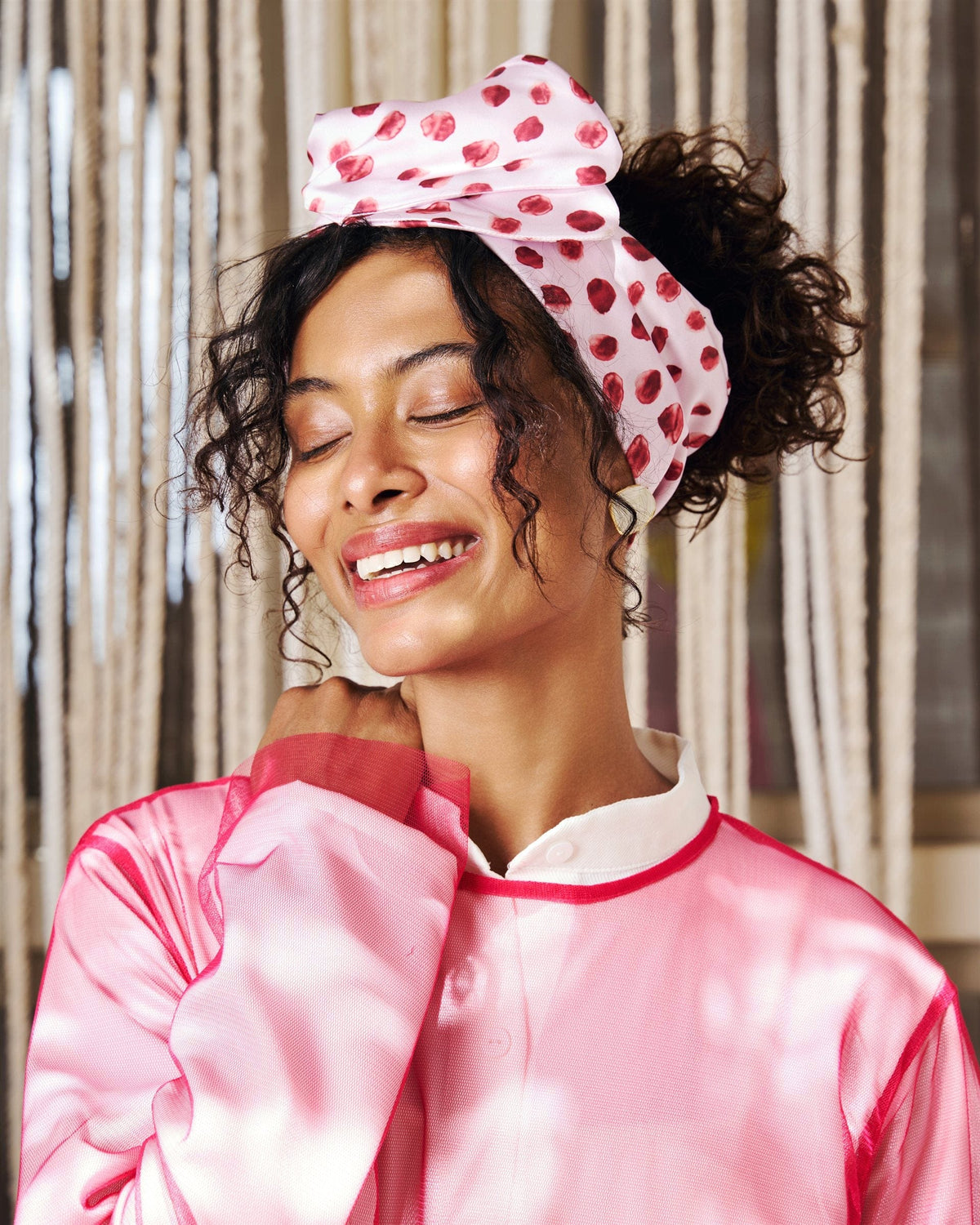 Polka Blush Rappit — satin turban, berry on pink polka dots
