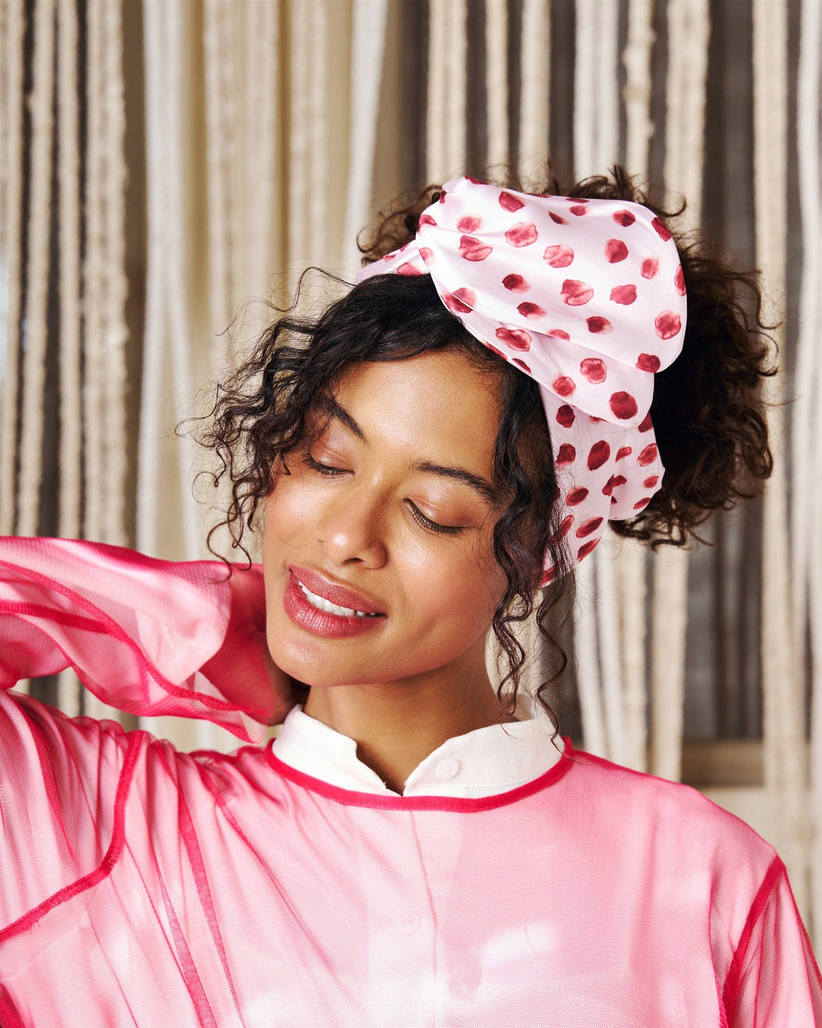 Polka Blush Rappit — satin turban, berry on pink polka dots