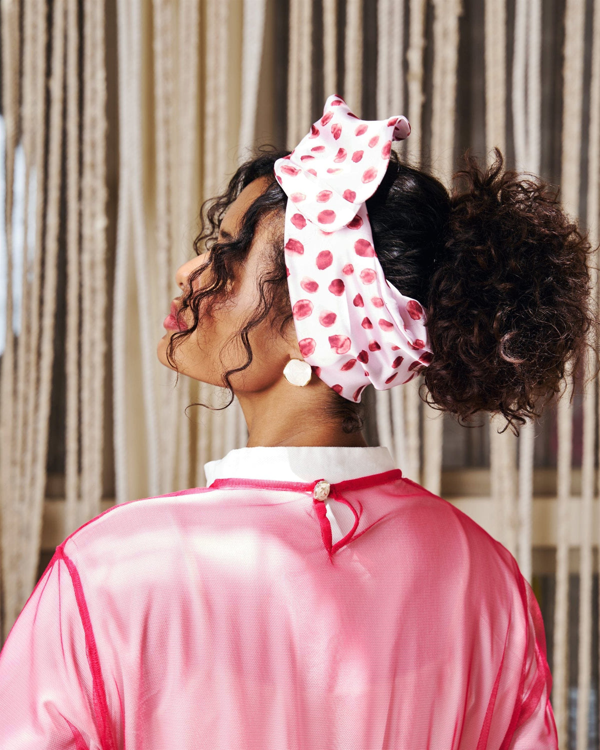 Polka Blush Rappit — satin turban, berry on pink polka dots