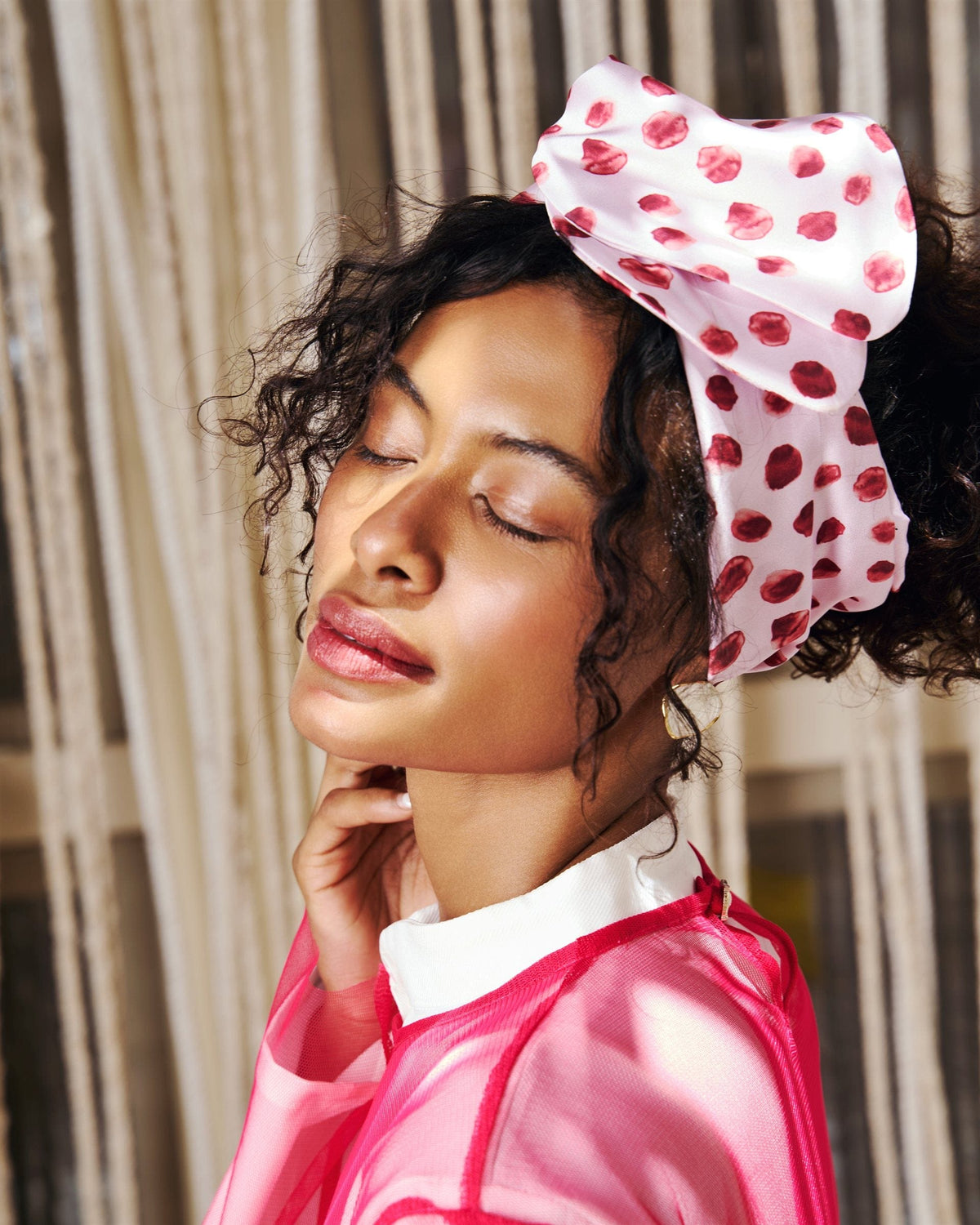 Polka Blush Rappit — satin turban, berry on pink polka dots