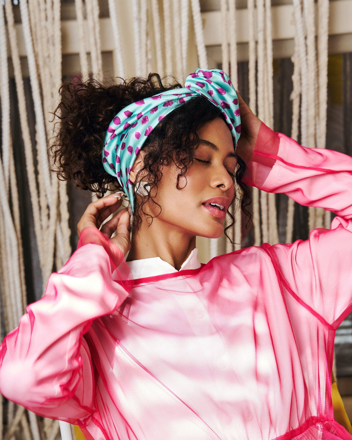 Polka Mint Rappit — satin turban, berry on mint polka dots