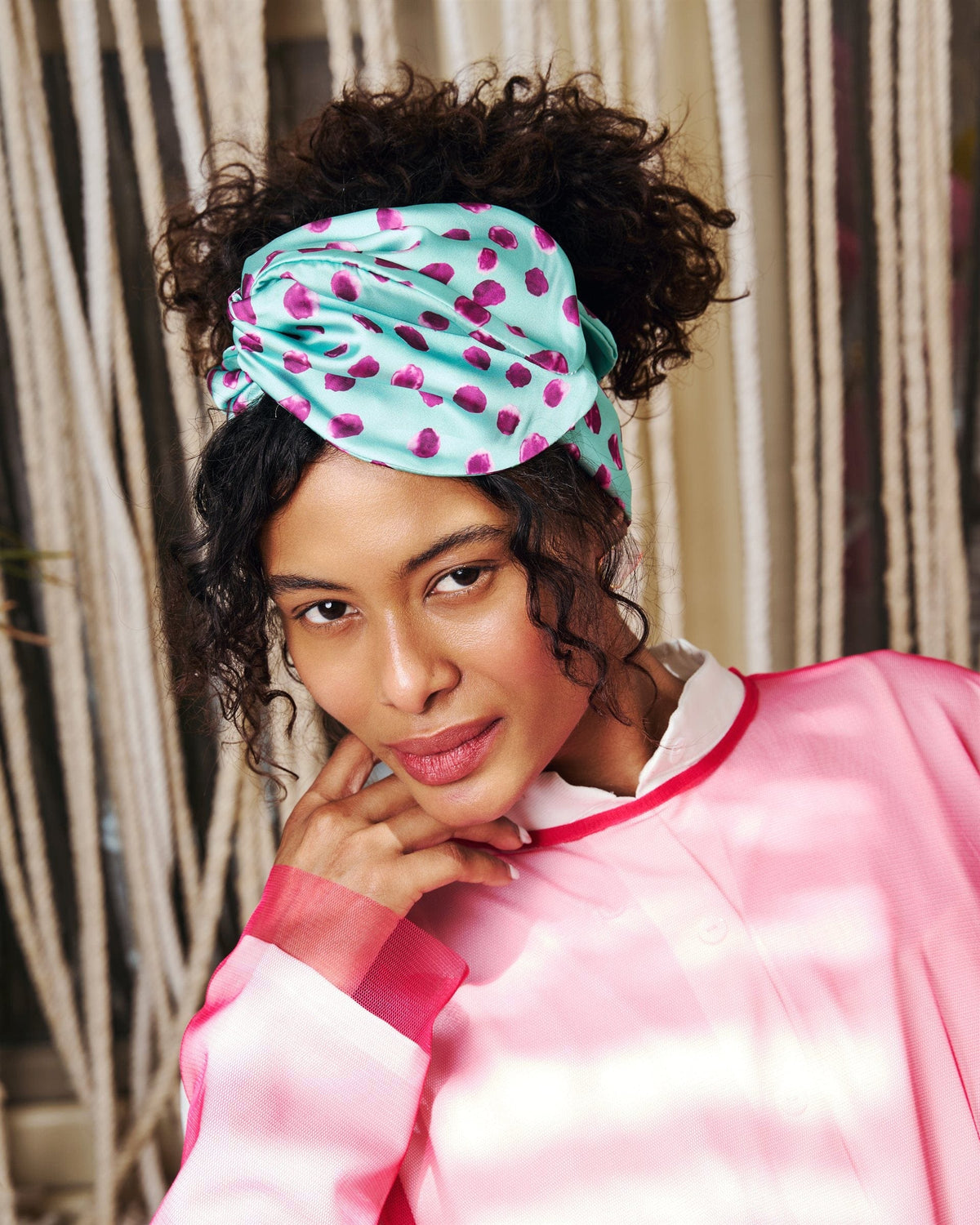 Polka Mint Rappit — satin turban, berry on mint polka dots