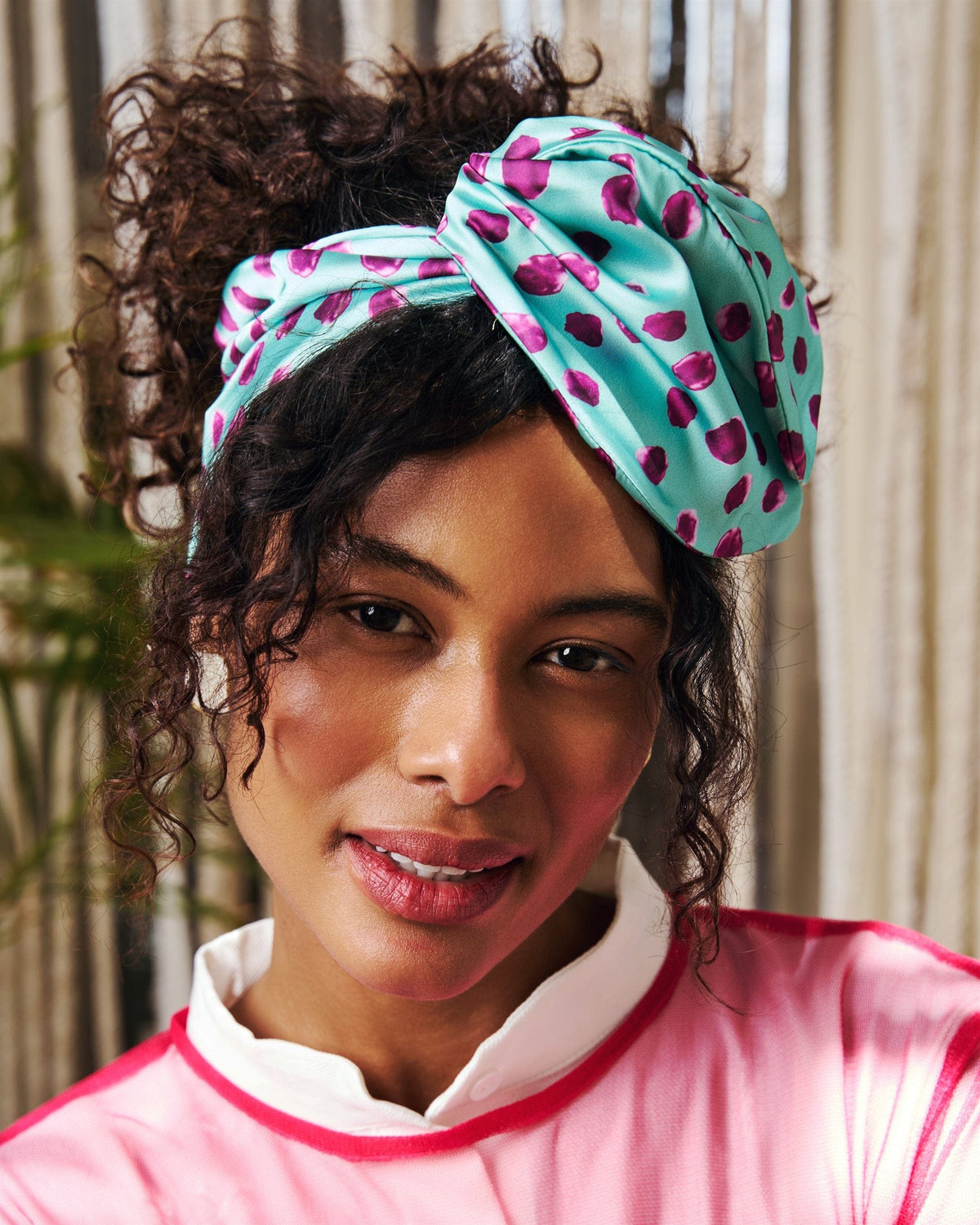 Polka Mint Rappit — satin turban, berry on mint polka dots