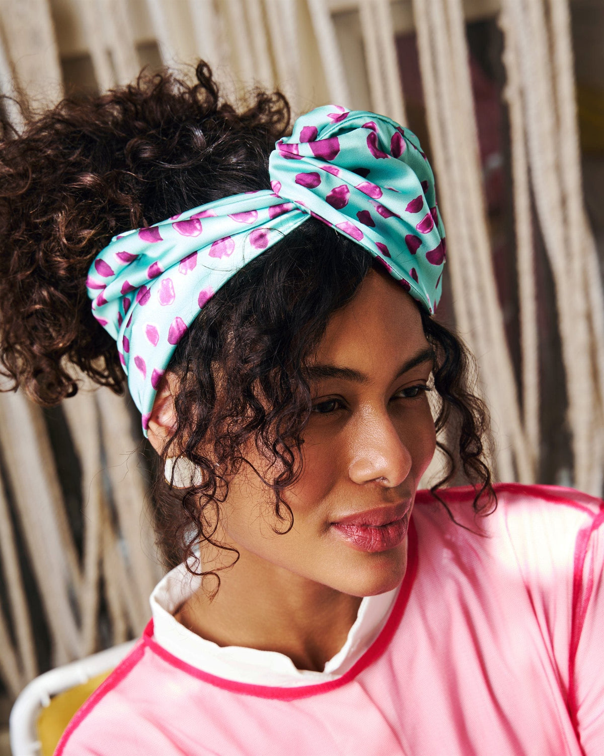 Polka Mint Rappit — satin turban, berry on mint polka dots