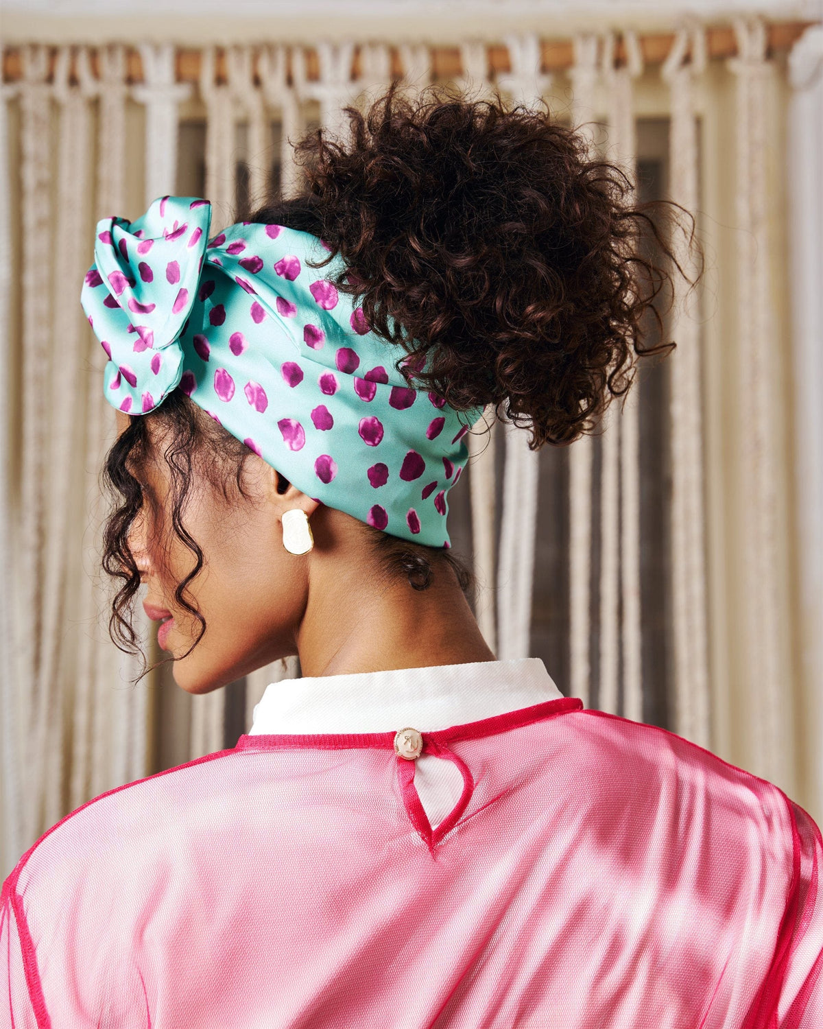 Polka Mint Rappit — satin turban, berry on mint polka dots