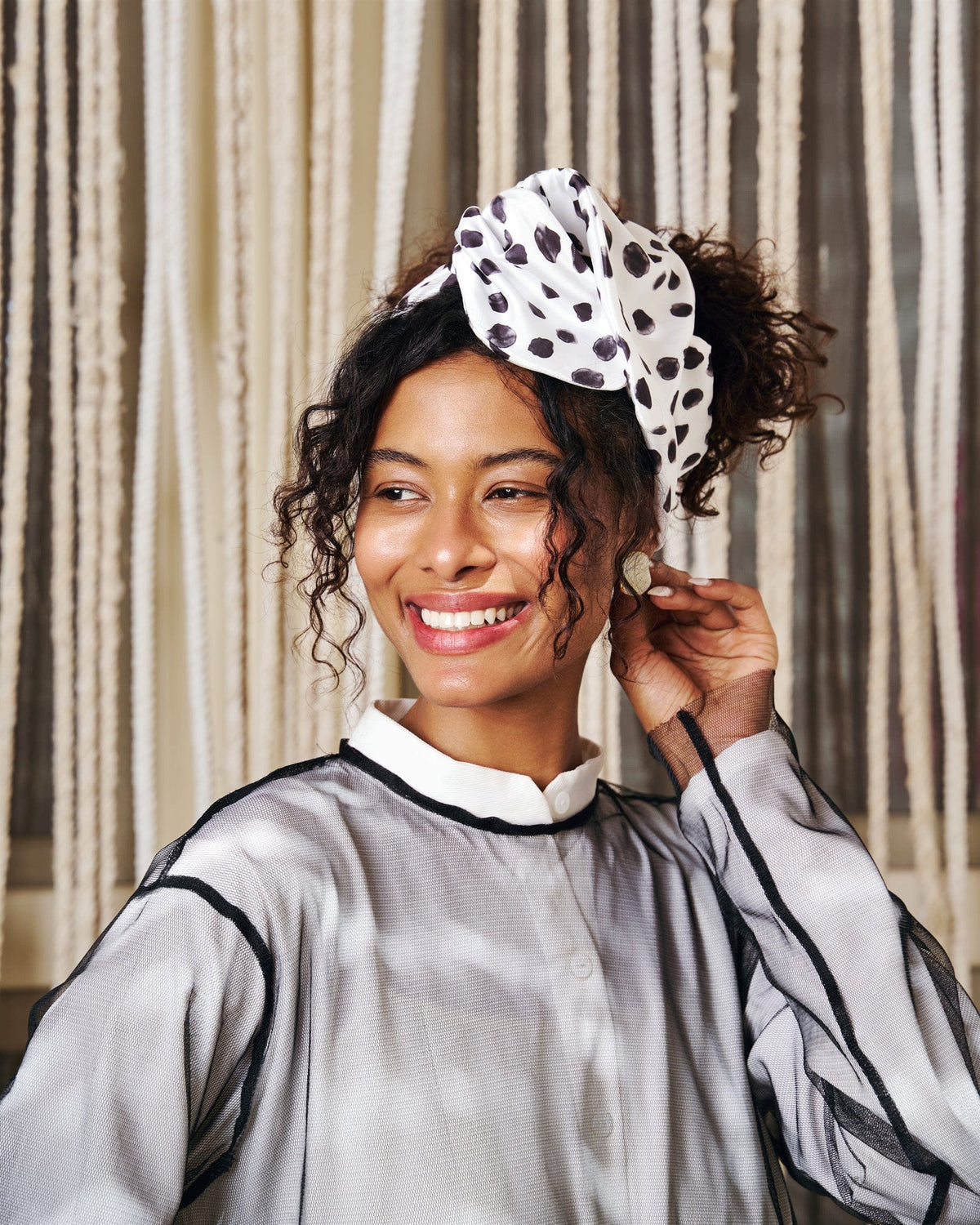 Polka Noir Rappit — satin turban, black on ivory polka dots