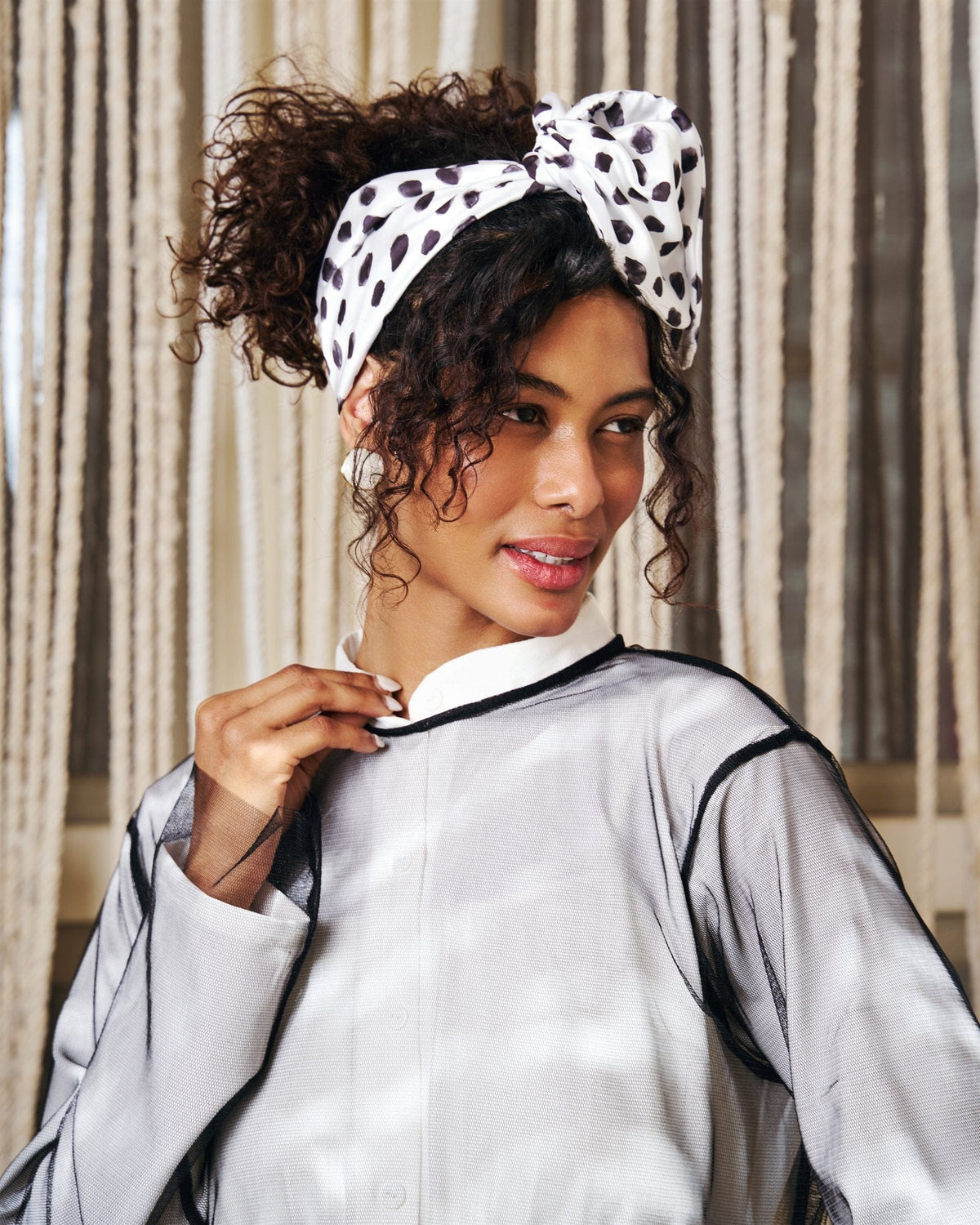 Polka Noir Rappit — satin turban, black on ivory polka dots