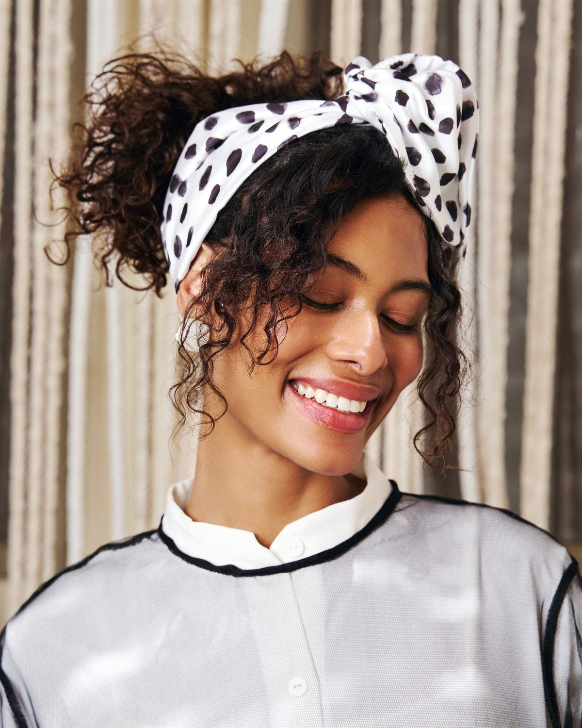 Polka Noir Rappit — satin turban, black on ivory polka dots