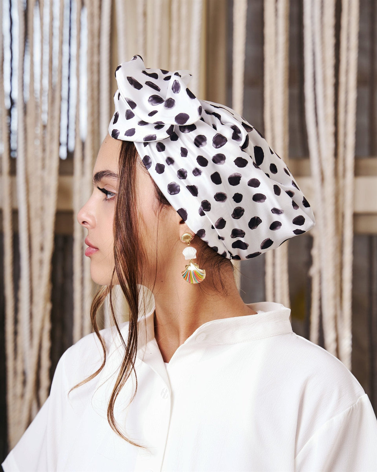Polka Noir Rappit — satin turban, black on ivory polka dots