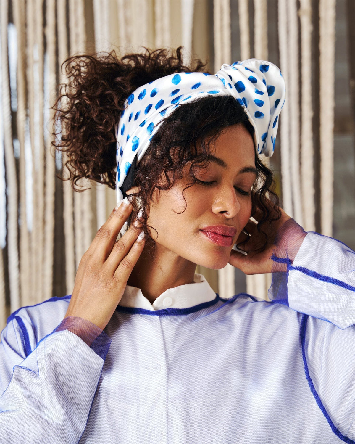 Polka Ocean Rappit — satin turban, blue on ivory polka dots