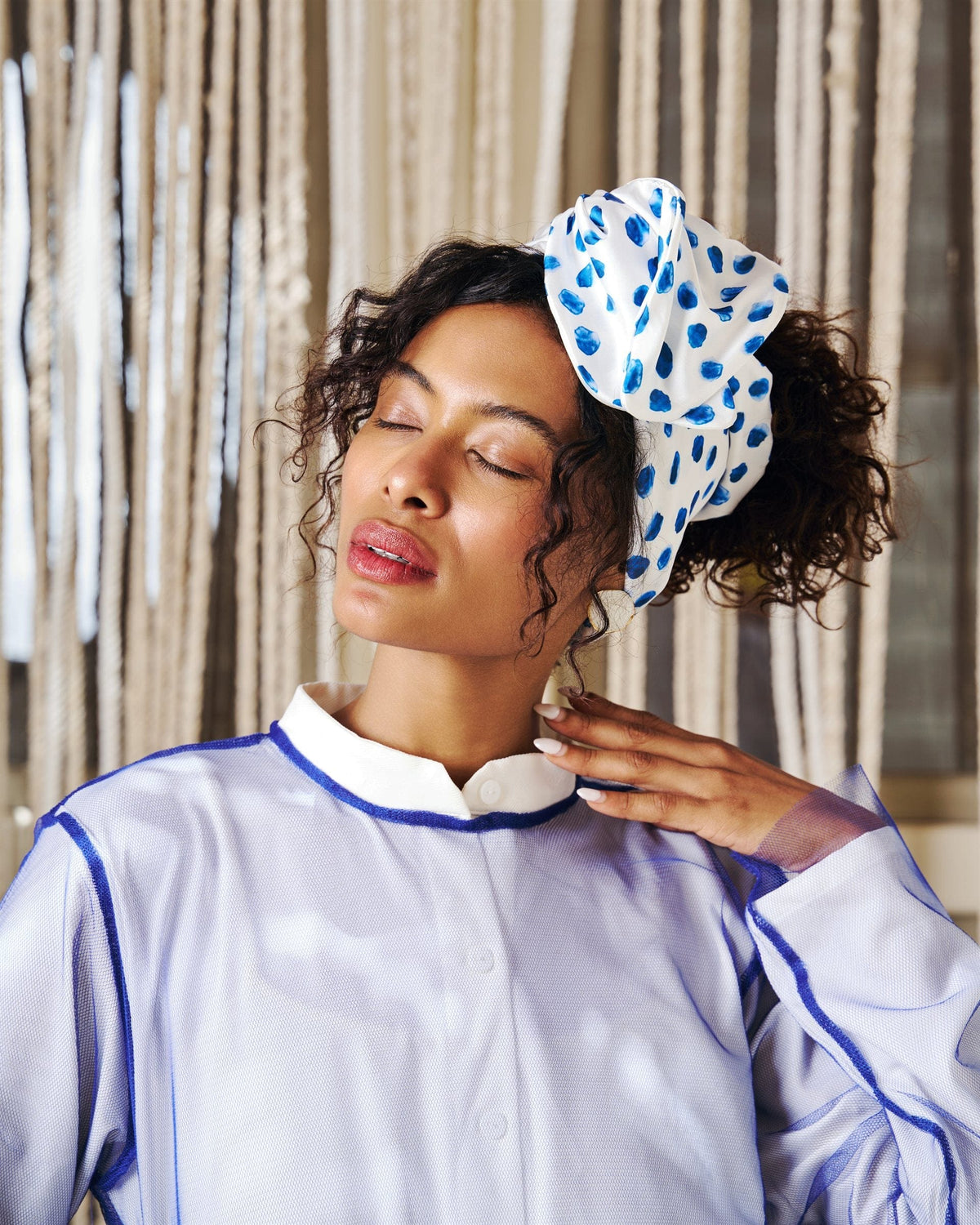 Polka Ocean Rappit — satin turban, blue on ivory polka dots