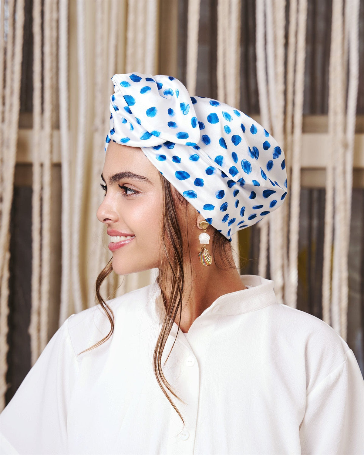 Polka Ocean Rappit — satin turban, blue on ivory polka dots