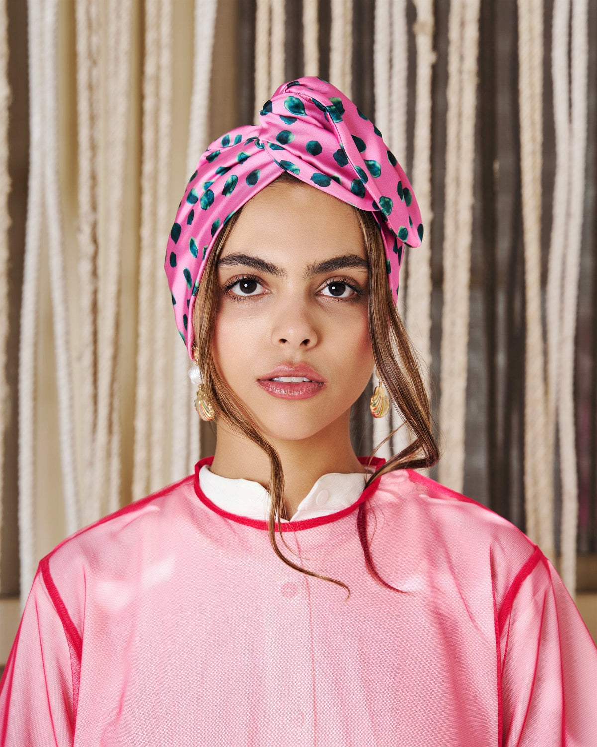 Polka Pop Rappit — satin turban, emerald on pink polka dots