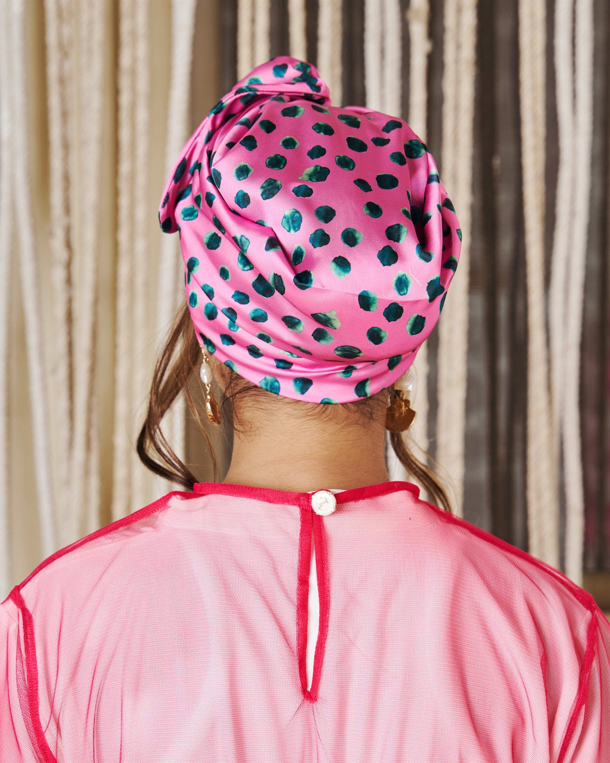 Polka Pop Rappit — satin turban, emerald on pink polka dots