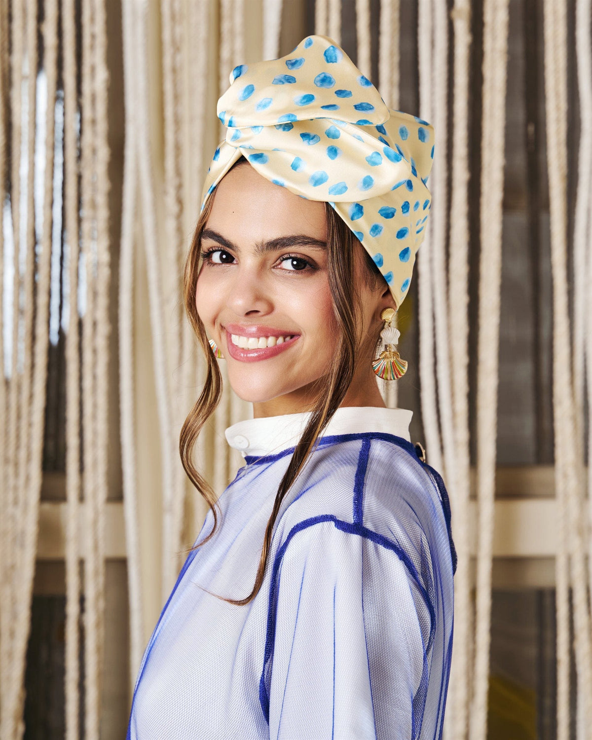 Polka Sky Rappit — satin turban, blue on butter yellow polka dots