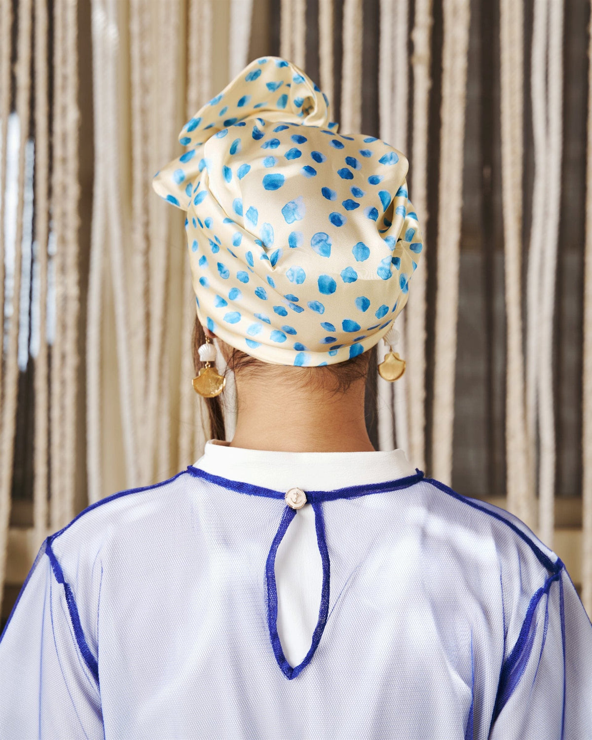 Polka Sky Rappit — satin turban, blue on butter yellow polka dots