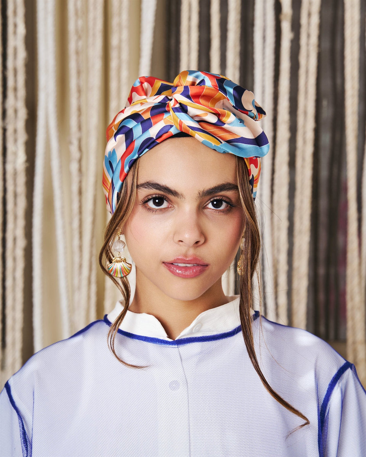 Sunkiss Rappit — satin turban in coral, amber, navy and sky blue