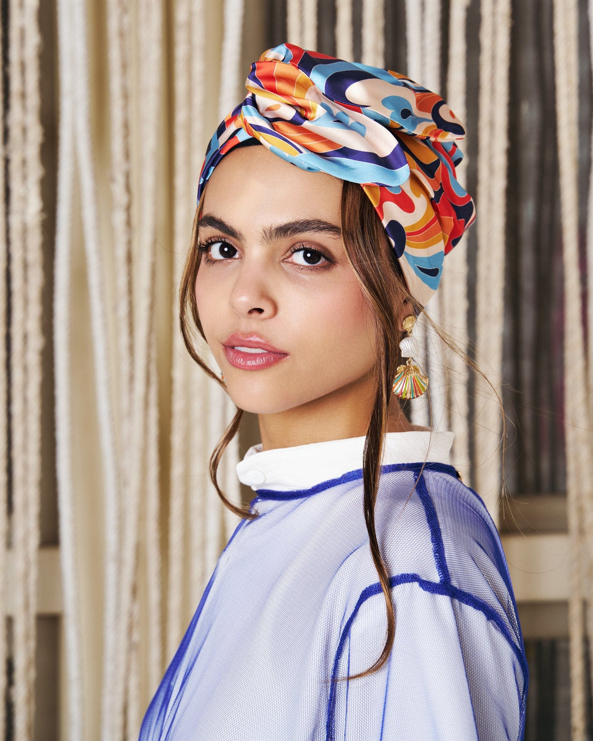 Sunkiss Rappit — satin turban in coral, amber, navy and sky blue