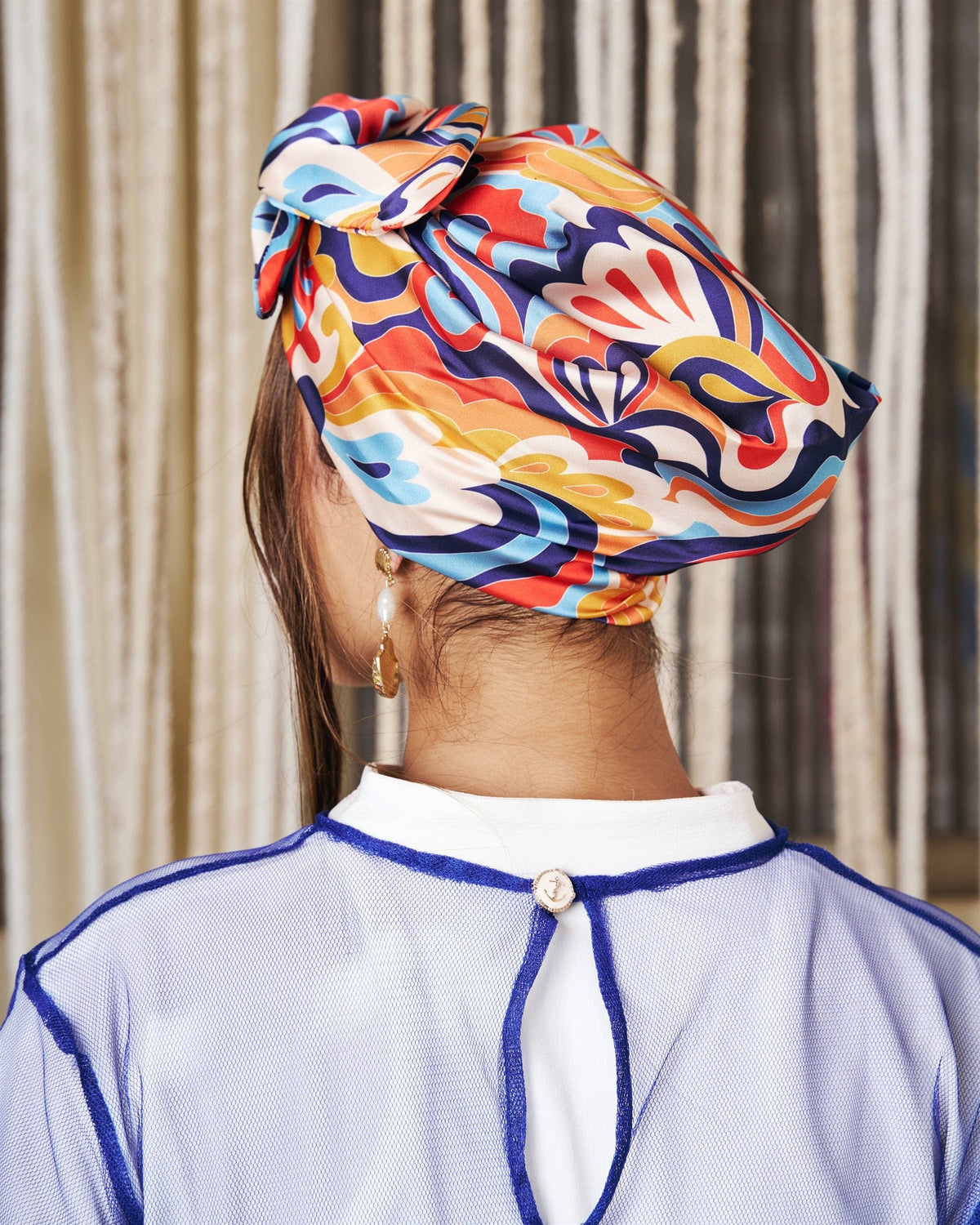 Sunkiss Rappit — satin turban in coral, amber, navy and sky blue